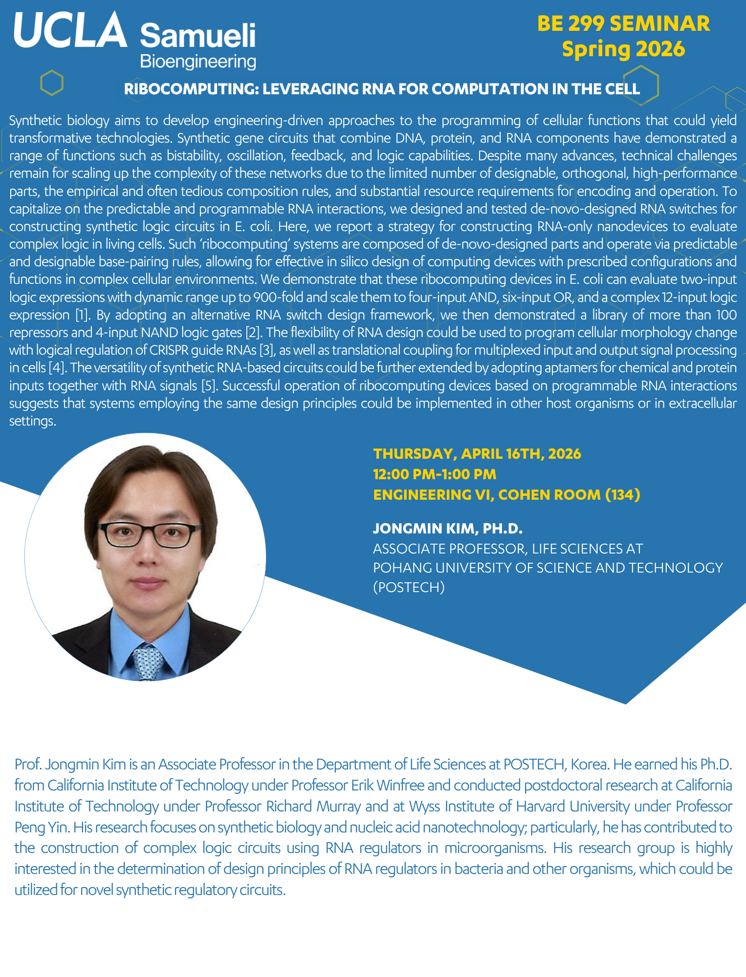 BE 299 Seminar: Dr. Jongmin Kim, Ph.D.