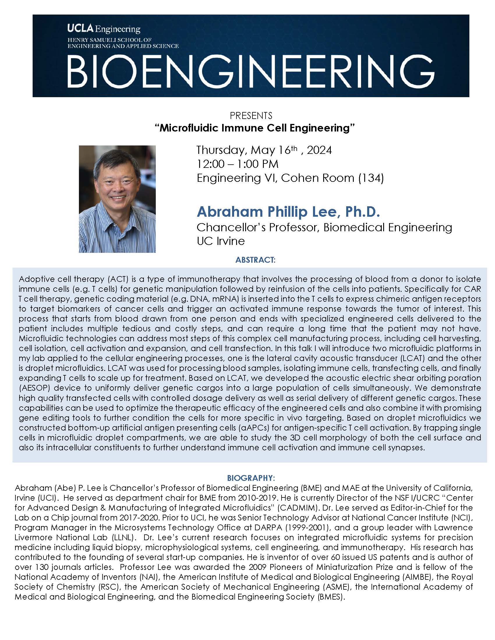 BE 299 Seminar: Abraham Phillip Lee, Ph.D.